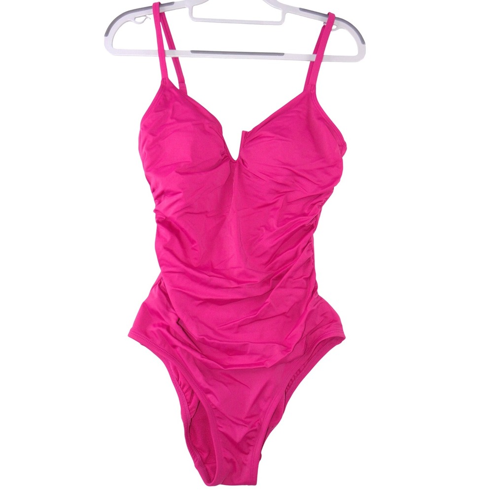 Womens Pink Ruched One Piece Swimsuit Size M 8-10 Notched V-Neck